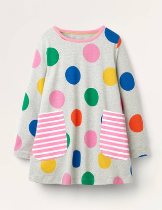 Mini Boden Girl's 3/4 Sleeve Jersey Printed Pocket Tunic Dress in Grey/Polka Dot