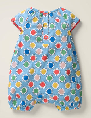 Baby Boden Neon Pompom Trim Printed Romper in Blue Floral