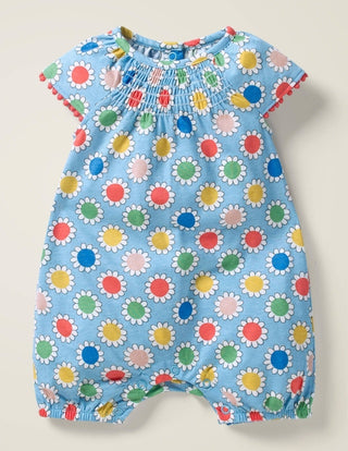 Baby Boden Neon Pompom Trim Printed Romper in Blue Floral