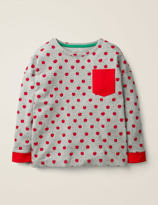 Mini Boden Girl's Pocket  Printed T-Shirts In Grey Red Apple