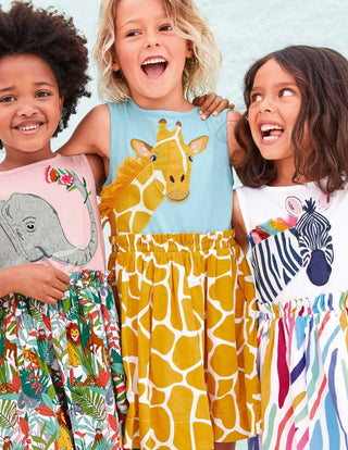 Mini Boden Girl's Giraffe Safari Applique Dress in Sun Yellow