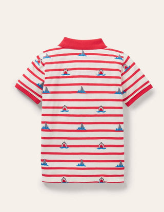 Mini Boden Boy's Embroidered Polo Shirt in Red/Ivory Sharks