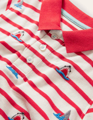 Mini Boden Boy's Embroidered Polo Shirt in Red/Ivory Sharks