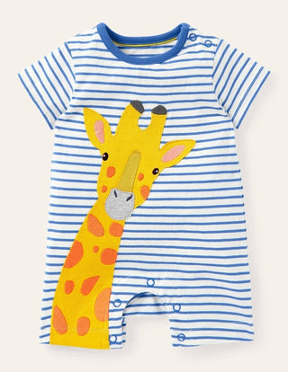 Baby Boden Short Applique Jersey Romper in Ivory Zebra