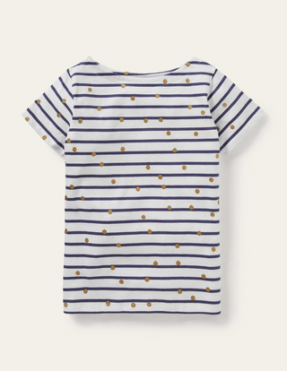 Mini Boden Girl's Gold Spot Breton T shirt in Ivory/Navy