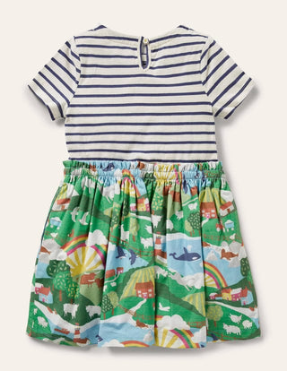 Mini Boden Girl's Breton Hotchpotch Dress in Ivory/ Starboard Blue Scene