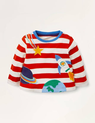 Baby Boden Stripy Applique T-Shirt in Red/ Ivory Space