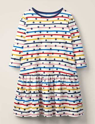 Mini Boden Girl's 3/4th Sleeve Stripe Multi Spot Jersey Dress in Ivory/Mlt