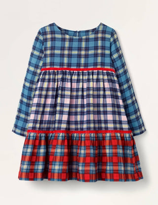 Mini Boden Girl's Tiered Woven Check Print Dress in Multi