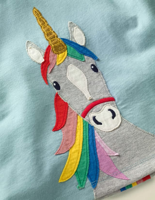 Mini Boden Girl's Unicorn Front & Back Applique Top in Blue