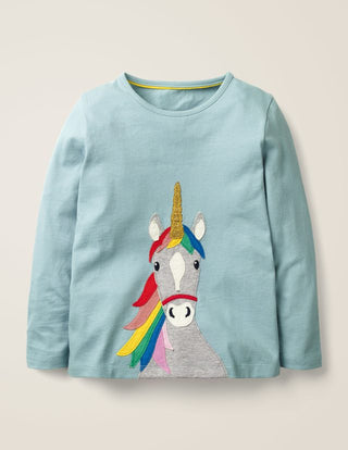 Mini Boden Girl's Unicorn Front & Back Applique Top in Blue