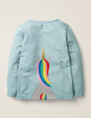 Mini Boden Girl's Unicorn Front & Back Applique Top in Blue