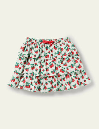 Mini Boden Girl's Printed Ruffle Skirt in Ivory Strawberry Patch