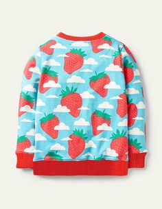 Mini Boden Girl's Long Sleeve Retro Printed Sweatshirt in Aqua Blue Strawberry Sky