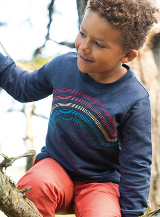 Frugi Kids' Long Sleeve Embroidered Louis T-shirt/Sweatshirt in Indigo/ Rainbow