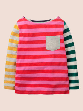 Mini Boden Girl's Hotchpotch Stripe Pocket T-Shirt in Multi