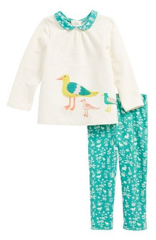 Baby Boden Bird Applique Top Leggings Set in Ivory Green