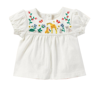 Baby Boden Embroidered Woven Top in White Jungle Friends