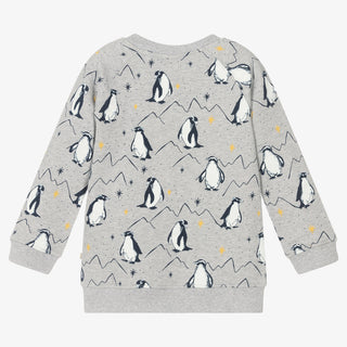 Frugi Boy's Long Sleeve Rex Printed Sweatshirt in Grey Marl Penguin Huddle