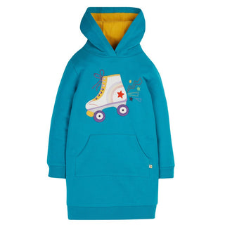 Frugi Girl's Long Sleeve Harri Applique Hoody Dress inCamper Blue Skater (Slightly Defect)