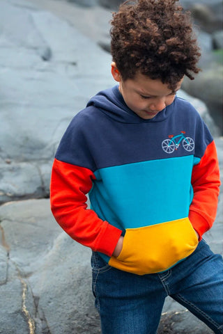 Frugi Boy's Long Sleeve Pullover Ben Colour Block Embroidered Hoodie in Multicolour