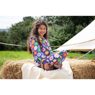 Frugi Girl's Big Flowers Snuggle Suit in Purple Rainbow Flowers