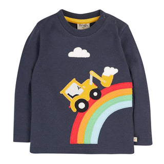 Frugi Boy's Tractor Adventure Applique Top in Navy Rainbow
