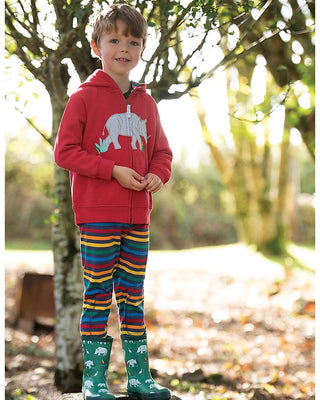 Frugi Boy's Zip Up Lucas Applique Hoodie in Tango Rihno