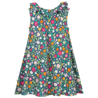 Frugi Girl's Sleeveless Ruffle Neck Maya Dress in Green/ Mlt Indian Garden