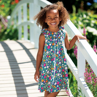 Frugi Girl's Sleeveless Ruffle Neck Maya Dress in Green/ Mlt Indian Garden