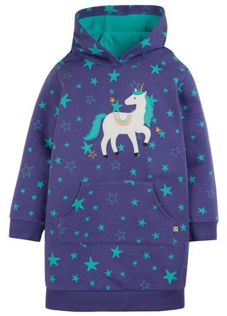 Frugi Girl's Long Sleeve Henrietta Applique Hoody Dress in Mussel Purple/Unicorn