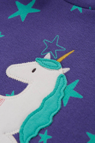 Frugi Girl's Long Sleeve Henrietta Applique Hoody Dress in Mussel Purple/Unicorn