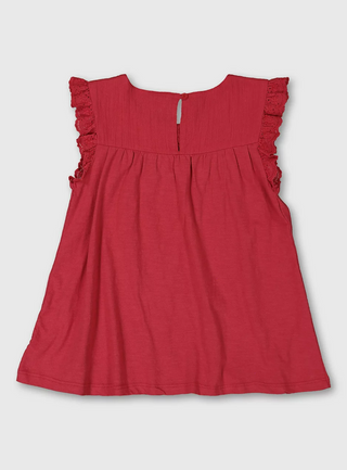 TU Girl's Pleated Yoke Lace Detail Top in Red