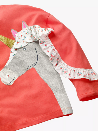 Mini Boden Girl's Frill Applique Unicorn Top in Peach
