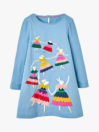 Mini Boden Girl's Long Sleeve Bunny Ballerina Applique Dress in Frost Blue