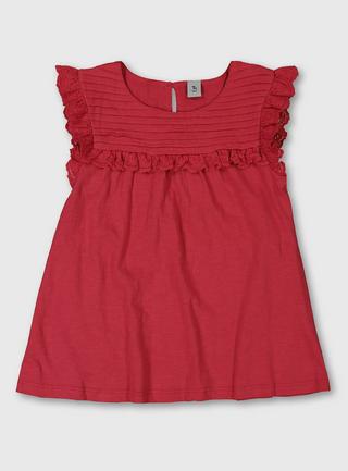 TU Girl's Pleated Yoke Lace Detail Top in Red