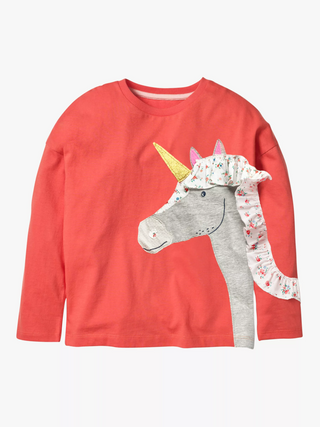 Mini Boden Girl's Frill Applique Unicorn Top in Peach