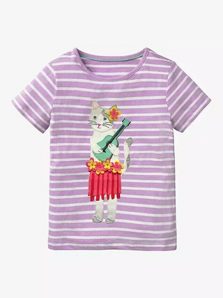 Mini Boden Girl's Tassel Applique Cat T-Shirt in Purple/White