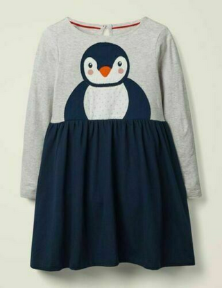 Mini Boden Girl's Festive Big Applique Dress in Blue Penguin