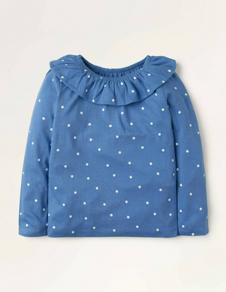 Mini Boden Girl's Ruffle Neck Jersey Top in Blue Spot