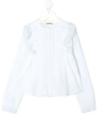 Zadig & Voltaire Girl's Frill Pleated Long-Sleeve Blouse in White