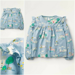 Mini Boden Girl's Flotty Printed Ruffle Top in Farmhouse Blue