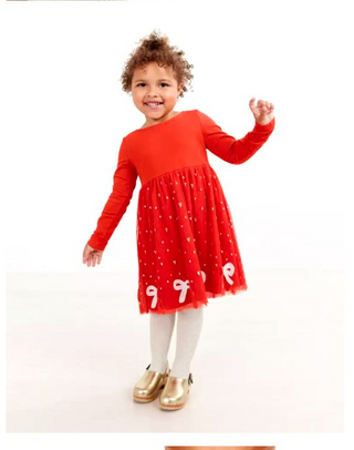 Girl's Embroidered Festive Dress In Soft Tulle in Tangy Red