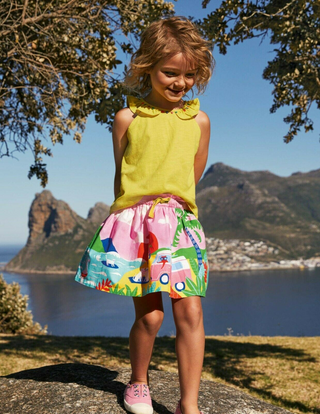 Mini Boden Girl's Fun Printed Scene Skirt in Plum Blossom Pink Holiday Cats