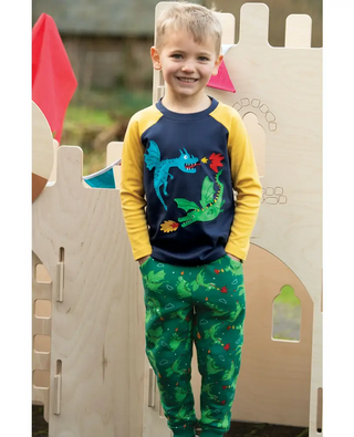 Frugi Boy's Full Length Printed Dragons Snug Joggers in Rex Dragon