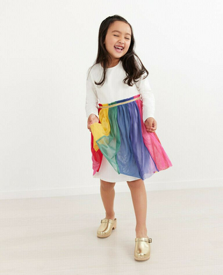 Girl's Long Sleeve Soft Tulle Jersey Rainbow Dress in Ivory/Rainbow