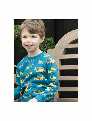 Frugi Boy's Dig A Rainbow Rex Jumper in Teal Blue