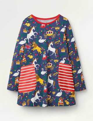 Mini Boden Girl's Printed Jersey Pocket Tunic in Navy Great British Toile
