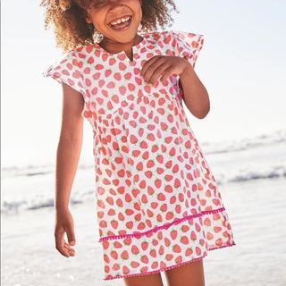 Mini Boden Girl's Short Sleeve Fun Printed Kaftan in Boto Pink Strawberry