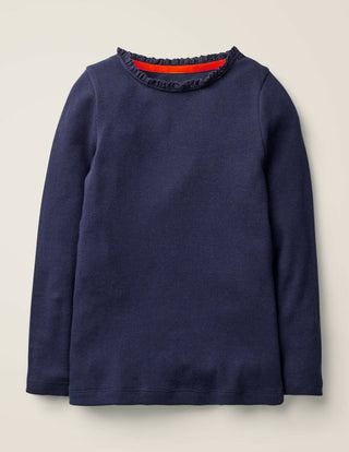 Mini Boden Girl's Lace Trim Ribbed Top in Navy